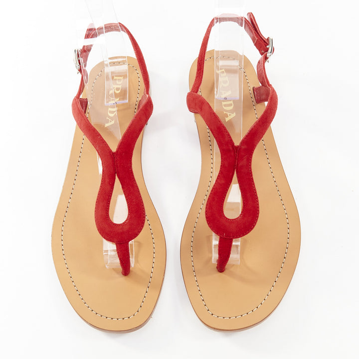 PRADA red suede leather wavy tstrap thong ankle buckle comfort flat sandals EU37