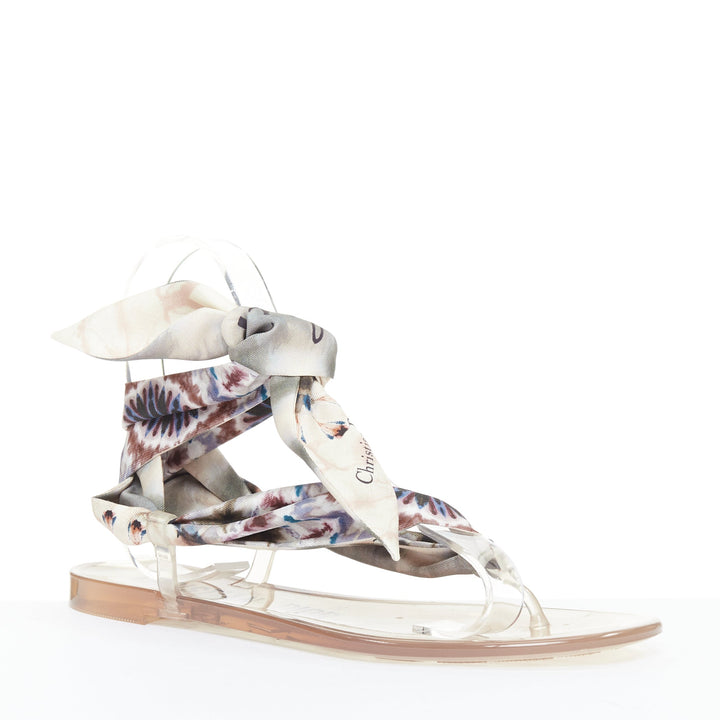 CHRISTIAN DIOR 2019 multicolor Kaleidiorscopic silk tie flat sandals EU38