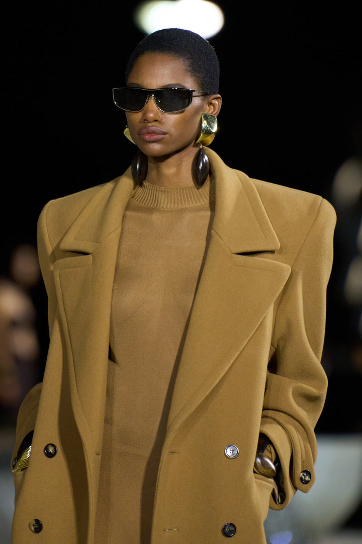 SAINT LAURENT 2023 Runway gold brown high neck fine knit sheer  maxi dress XS