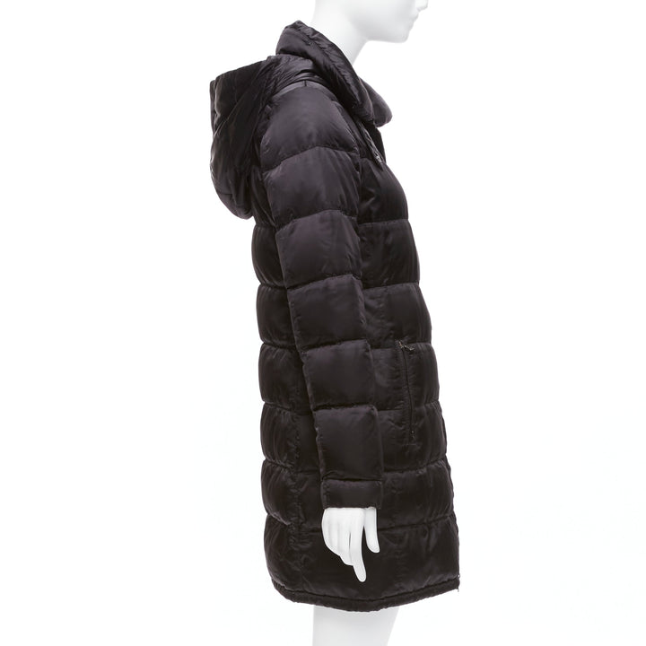 PRADA 2010 black shiny nylon hooded quilted long sleeve puffer coat IT42 M