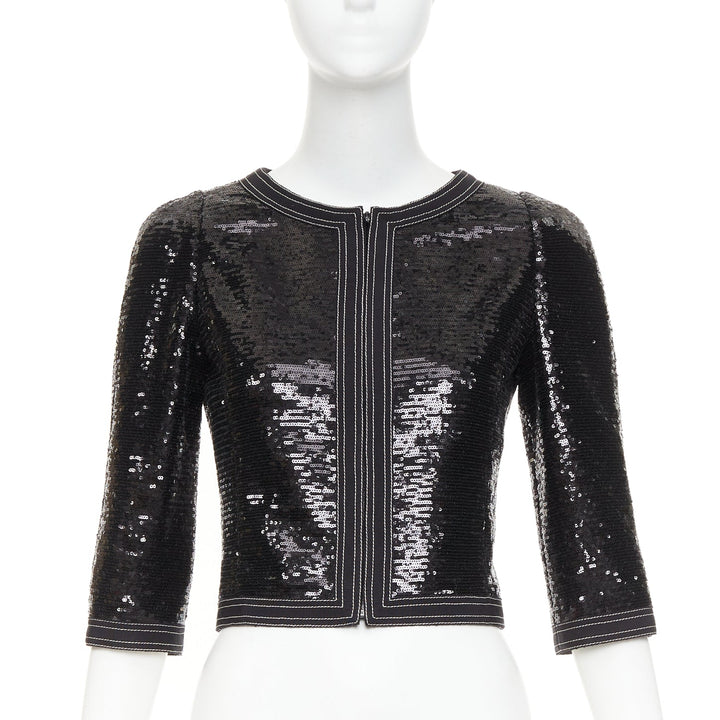 CHANEL 13C Paris Versailles black sequin embellished cropped zip jacket FR36 S