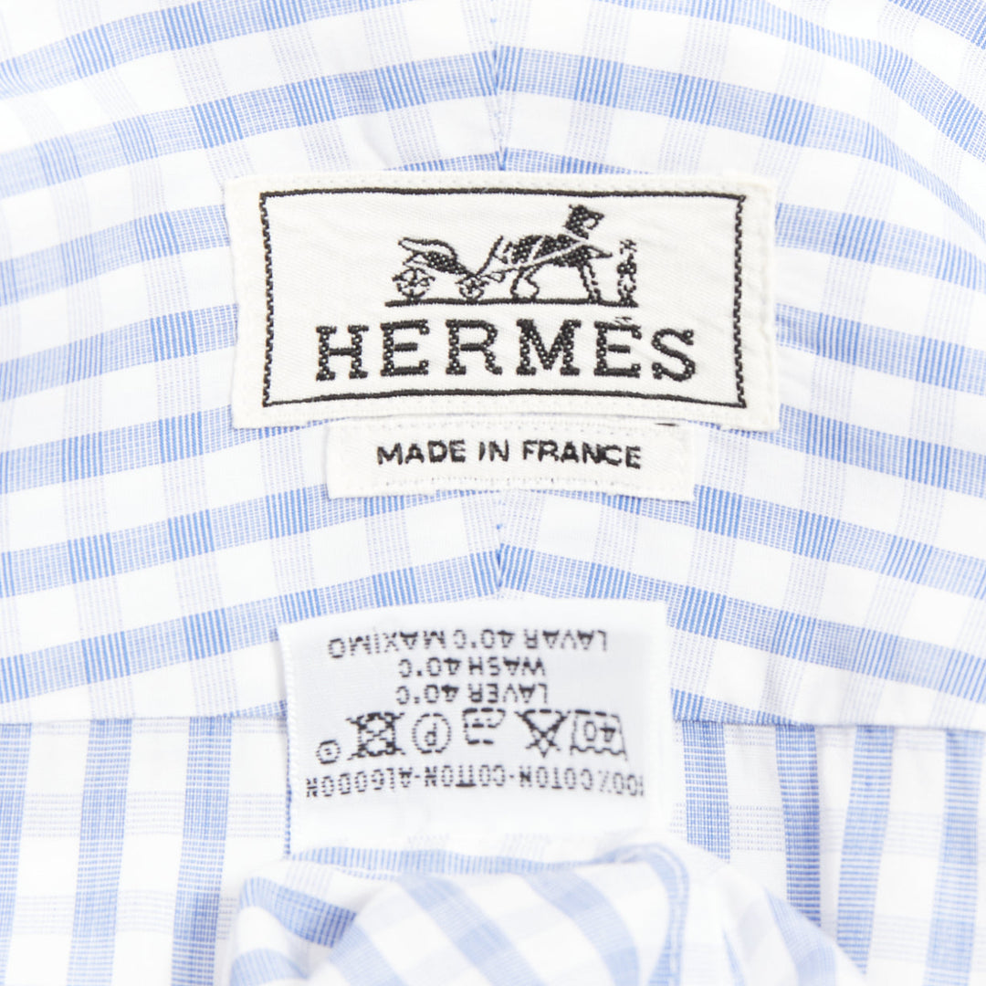 HERMES  blue white checked 100% cotton collared long sleeve shirt EU39 M
