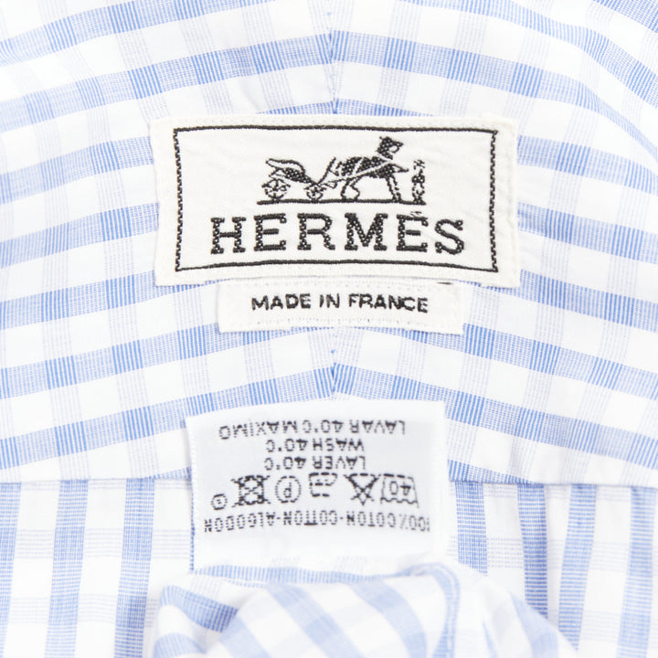 HERMES  blue white checked 100% cotton collared long sleeve shirt EU39 M