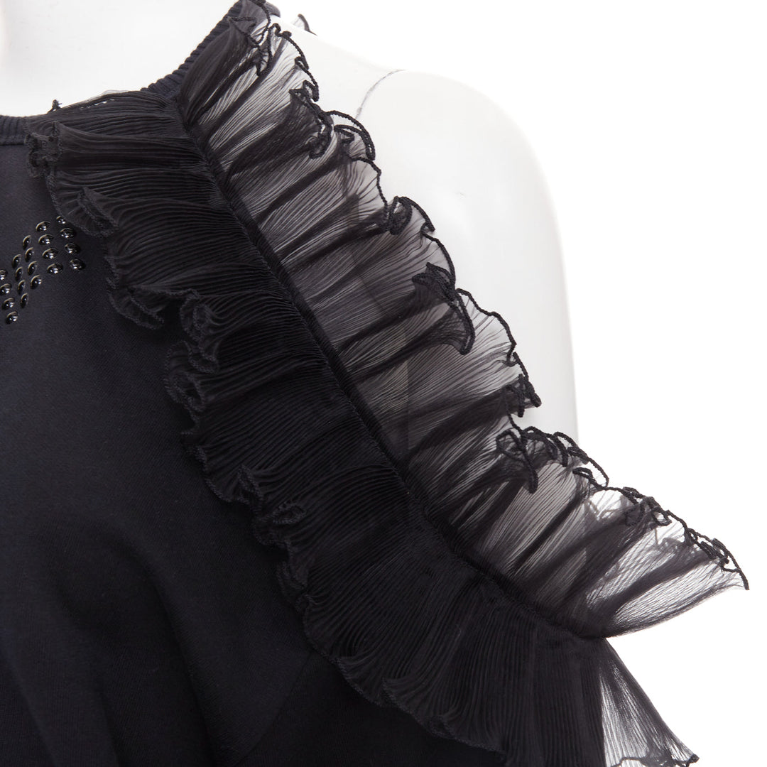 CHRISTOPHER KANE black cotton ruffle frill cut out shoulder studded sweatshirt S