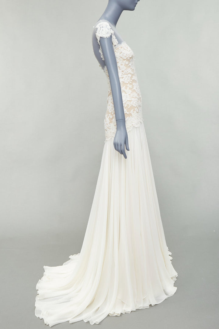 REEM ACRA 2014 Runway cream silk nude lace wedding gown US0 XS