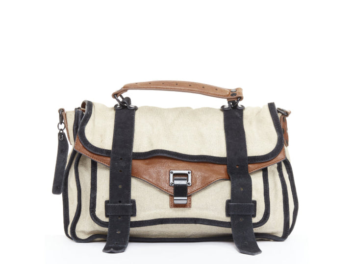 PROENZA SCHOULER PS1 beige canvas brown black leather top handle satchel bag