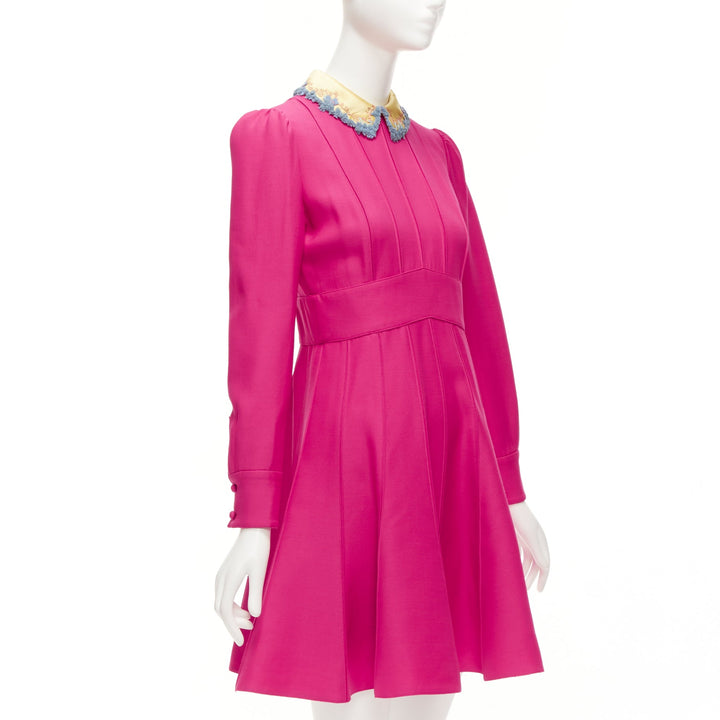 VALENTINO fuchsia pink gold satin flower trimmed collar pleated fit flare dress