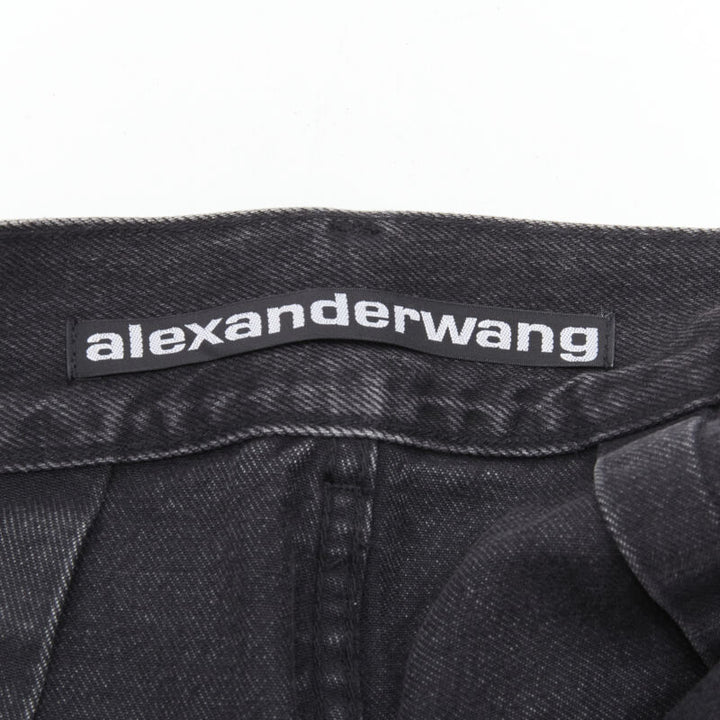 ALEXANDER WANG black washed denim silver buckle cut off frayed shorts 24"