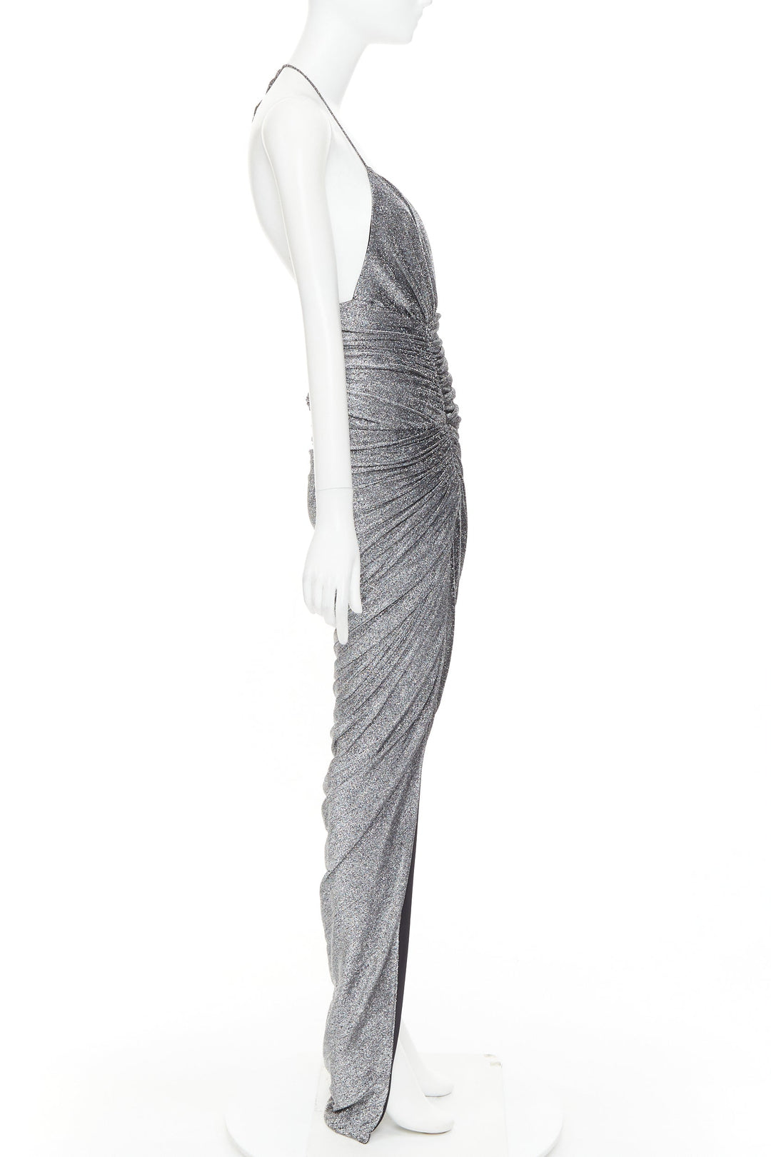 ALEXANDRE VAUTHIER metallic silver lurex knit ruched backless halter dress