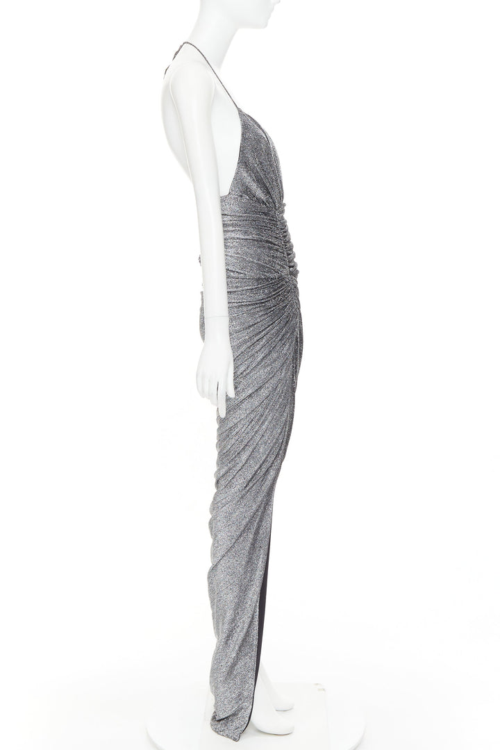 ALEXANDRE VAUTHIER metallic silver lurex knit ruched backless halter dress