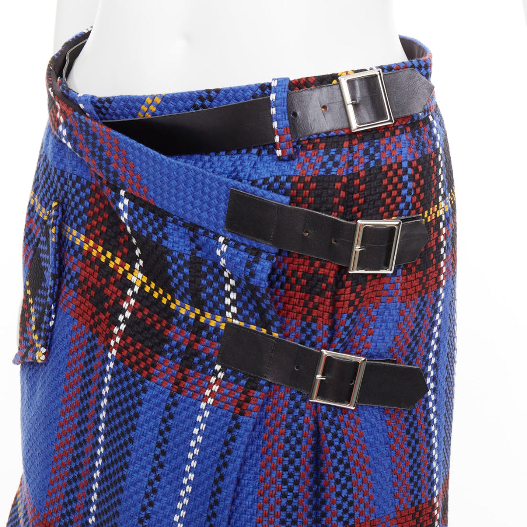 SACAI 2017 blue plaid check cotton blend leather buckle wrap kilt skirt JP2 M
