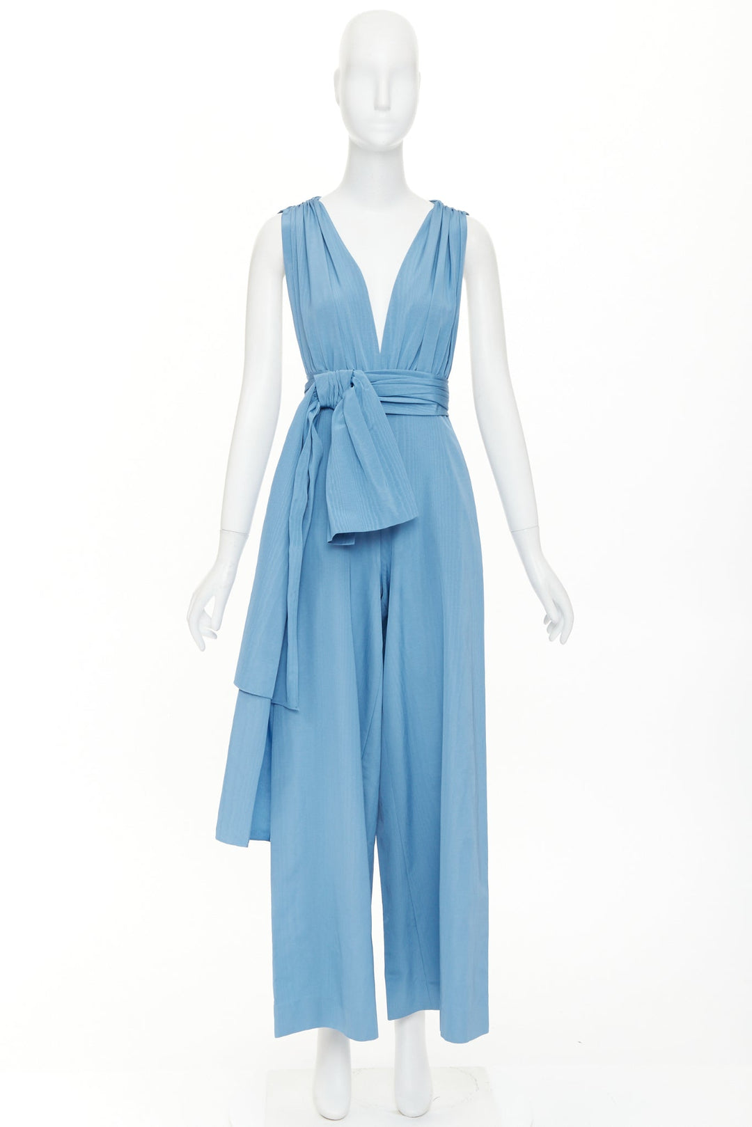 OSCAR DE LA RENTA S20 Runway sky blue moire faille sash tie jumpsuit US0 XS