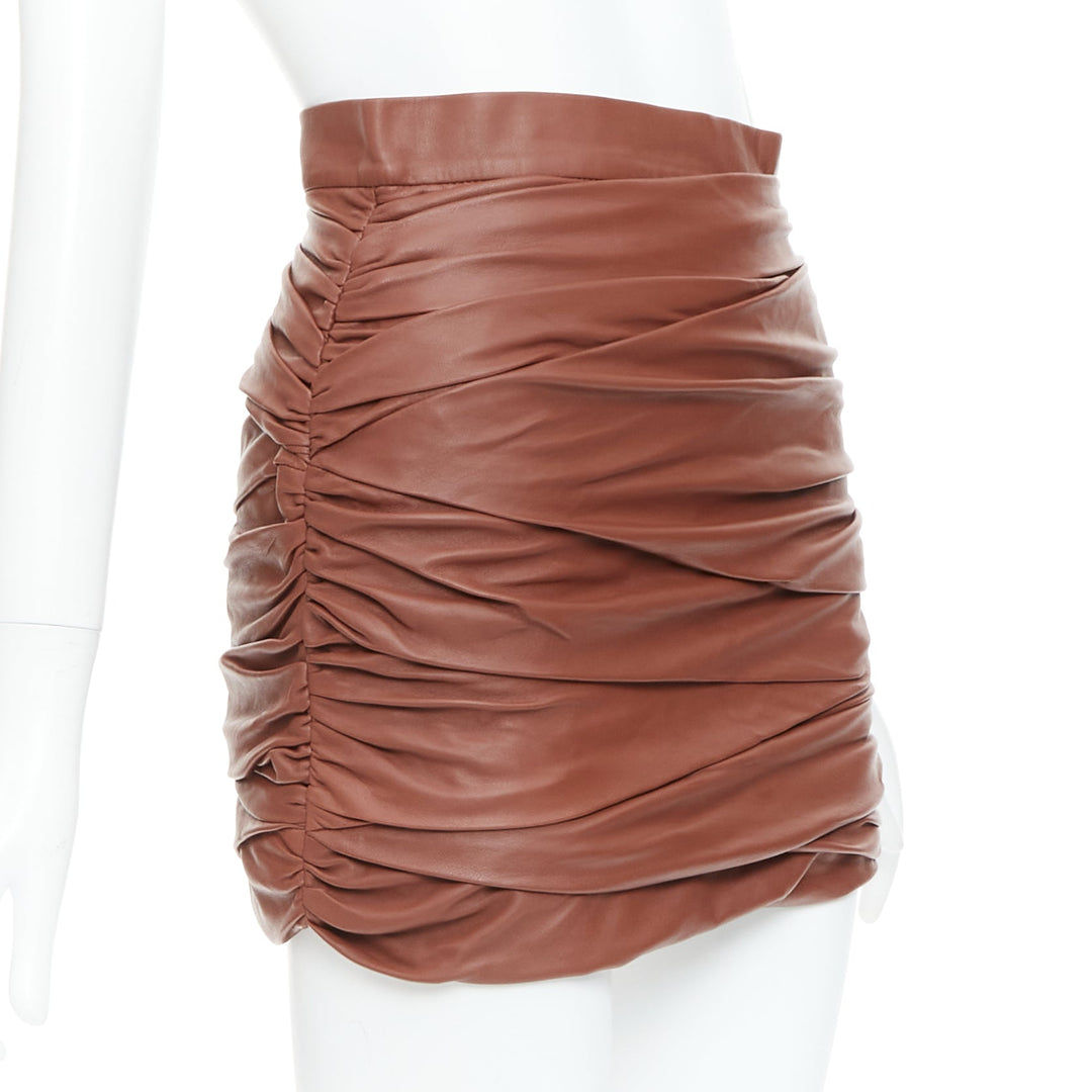 ZEYNEP ARCAY brown lambskin gathered ruched silk lined mini skirt FR34 XS