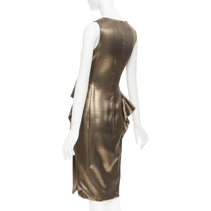 MOSCHINO rustic metallic gold draped peplum V-neck midi cocktail dress IT40 S