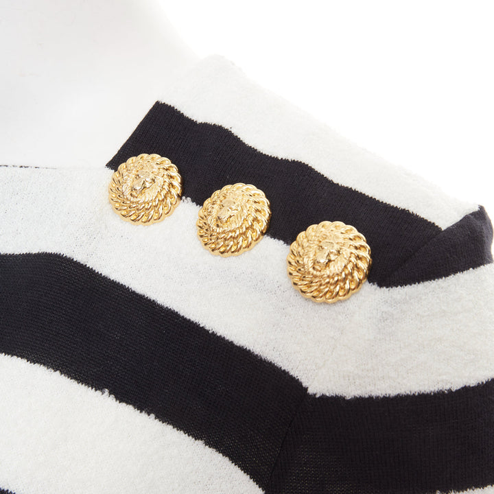 BALMAIN black off white stripes gold lion buttons square neck pullover FR36 S