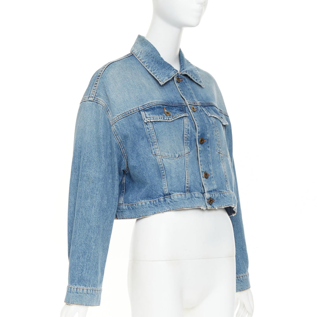 MIU MIU 2020 blue washed denim hand painted daisy floral cropped jacket IT36 XXS