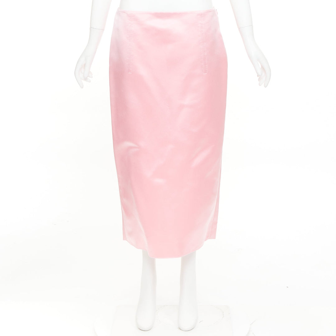 PRADA 2022 Raf Simons Runway pink double satin high rear split midi skirt IT42 M