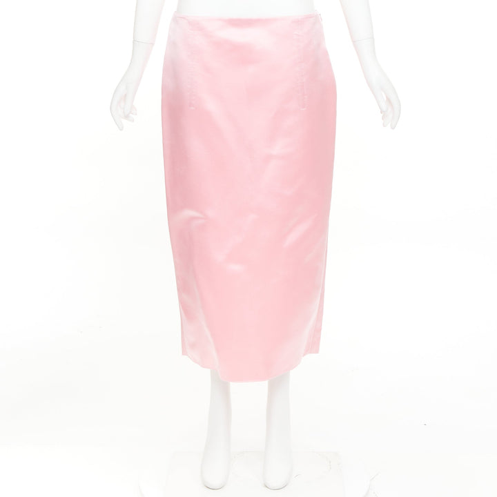 PRADA 2022 Raf Simons Runway pink double satin high rear split midi skirt IT42 M