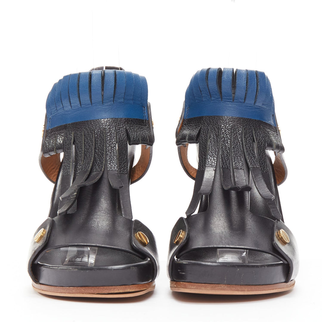 CHLOE black blue fringe detail gold nail grommet block heel sandal EU37