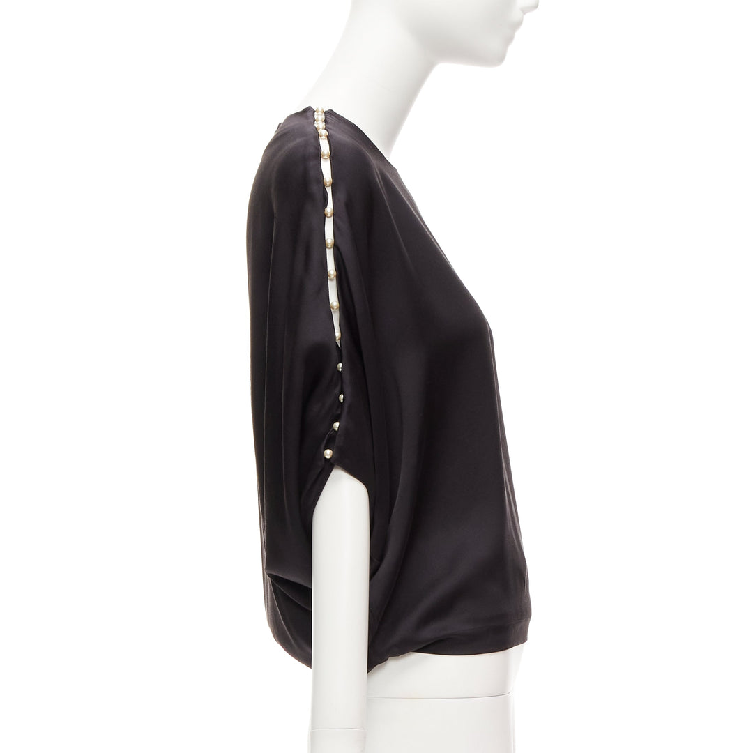 CHLOE 100% silk black pearl embellished lattice dolman top FR34 XS