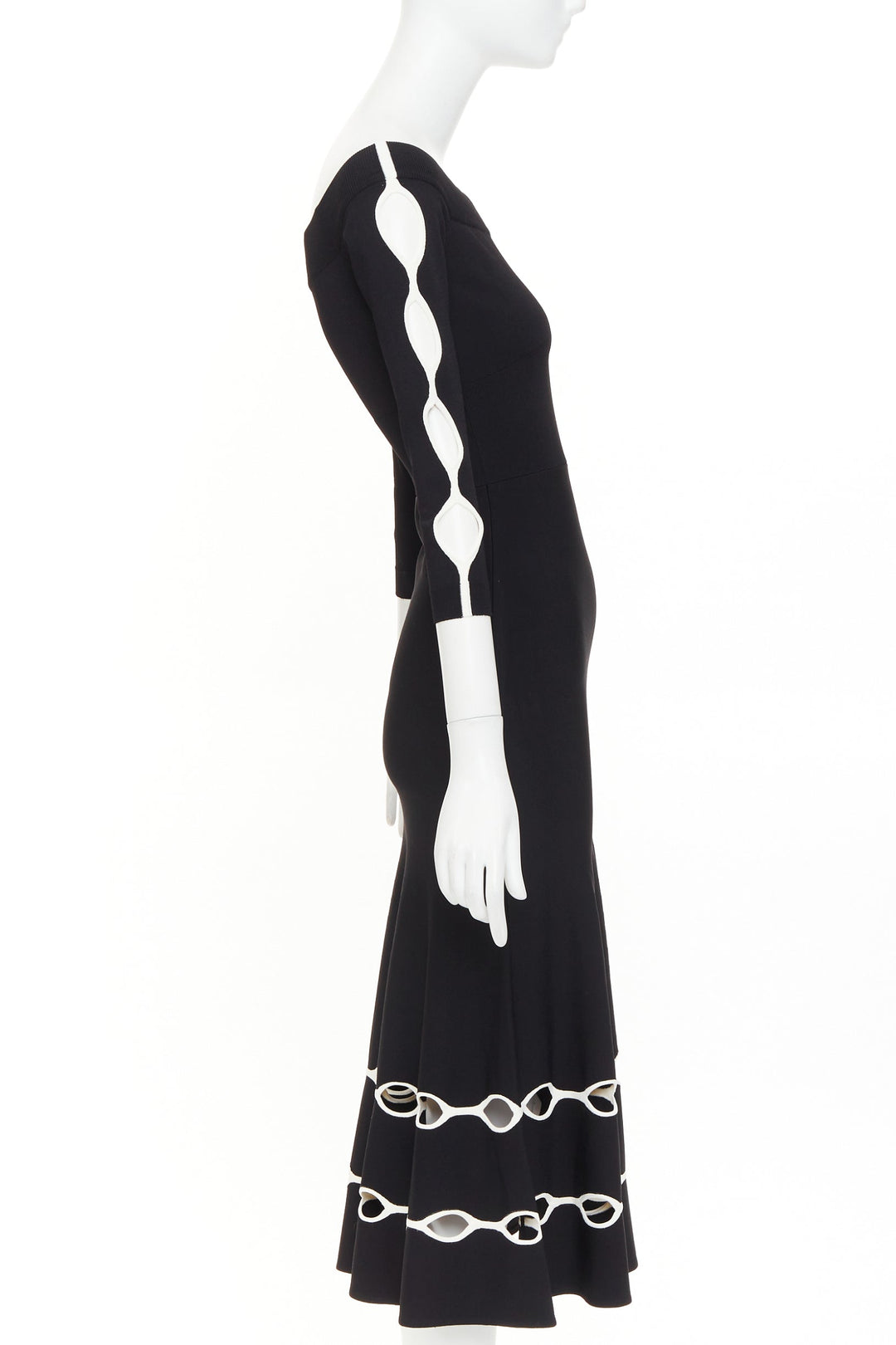 ALEXANDER MCQUEEN 2018 black knit white scalloped openwork bateau midi dress S