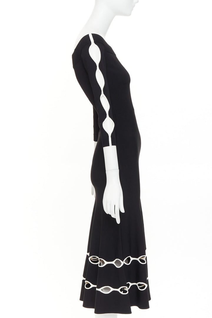 ALEXANDER MCQUEEN 2018 black knit white scalloped openwork bateau midi dress S