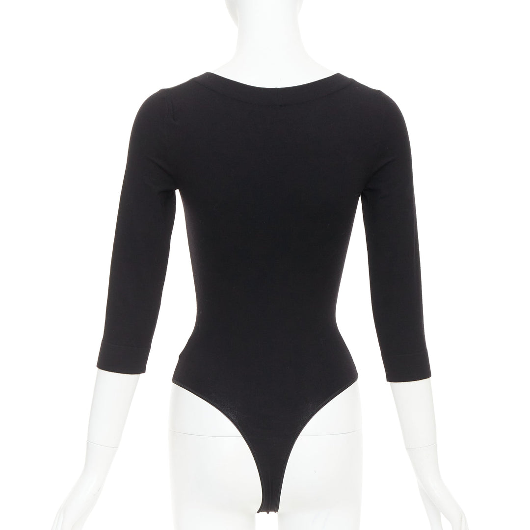 ALAIA black virgin wool blend V-neck bodysuit sweater leotard top FR36 S