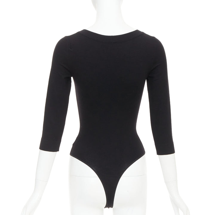 ALAIA black virgin wool blend V-neck bodysuit sweater leotard top FR36 S
