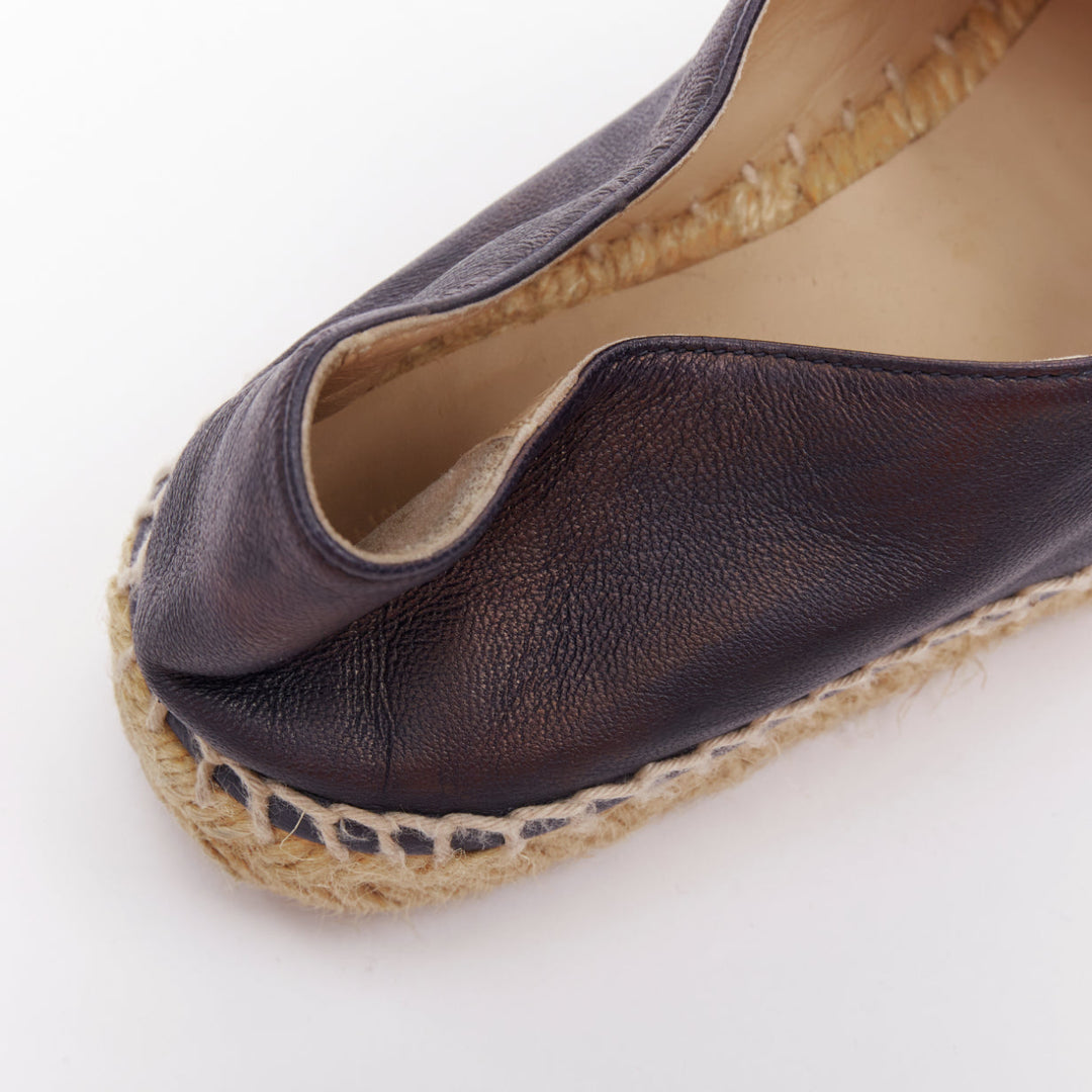 CHANEL navy lambskin leather CC logo applique jute espadrille shoes EU37