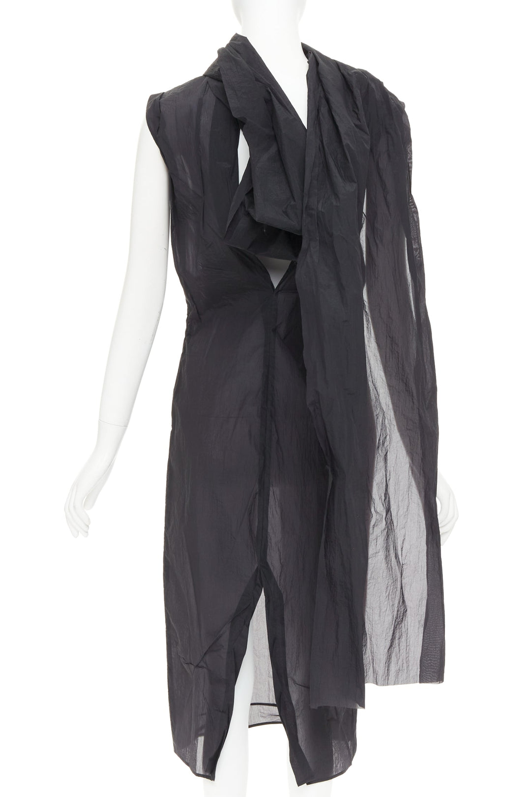 PRADA 2023 black RE-Nylon crinkle scarf rosette dipped back draped dress IT38 XS