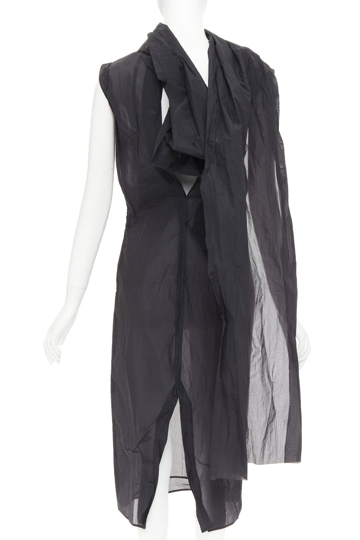 PRADA 2023 black RE-Nylon crinkle scarf rosette dipped back draped dress IT38 XS