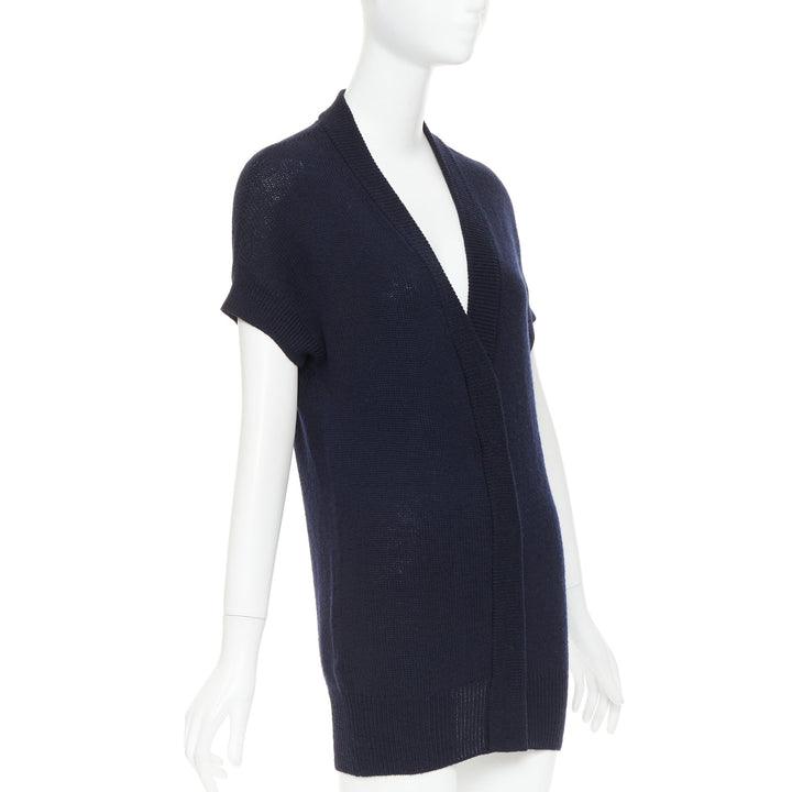 PRADA 100% virgin wool navy blue short sleeve snap button V-neck cardigan IT40 S
