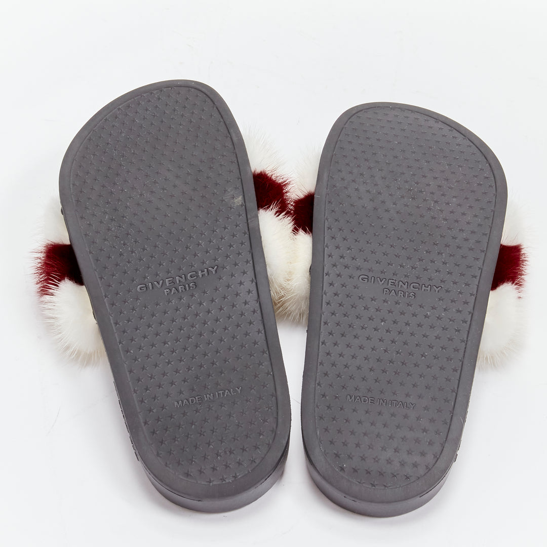 GIVENCHY Tisci fox fur red white stripes debossed logo black pool slides EU38