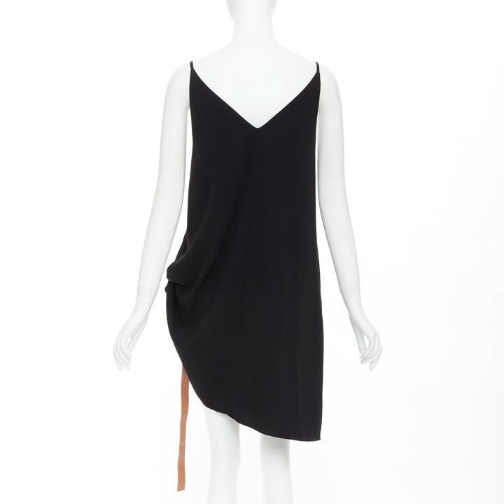 LOEWE black crepe brown anagram leather gathered side dress XS