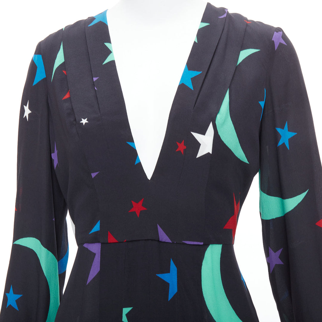 RIXO LONDON Constellation 100% silk black star print V neck dress S