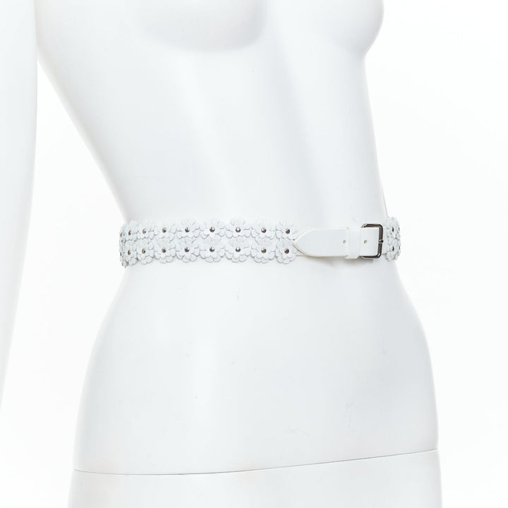 ALAIA 2022 white leather 3D floral petal laser cut studded slim waist belt 65cm