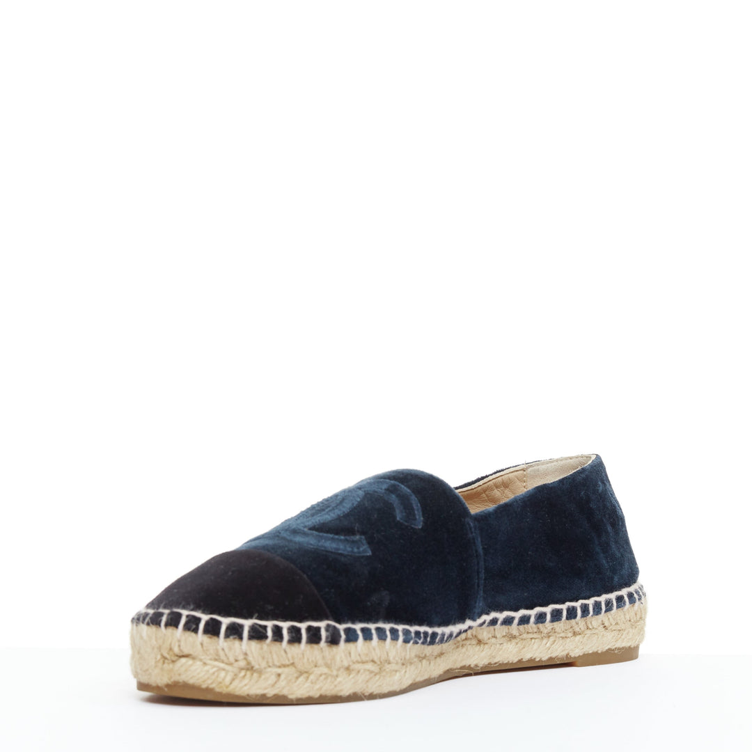 CHANEL navy velvet CC logo applique nude jute espadrille shoes EU37