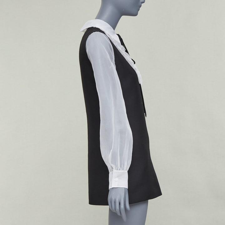 VALENTINO 2022 Crepe Couture black white wool silk ruffle bib neck dress IT38 XS