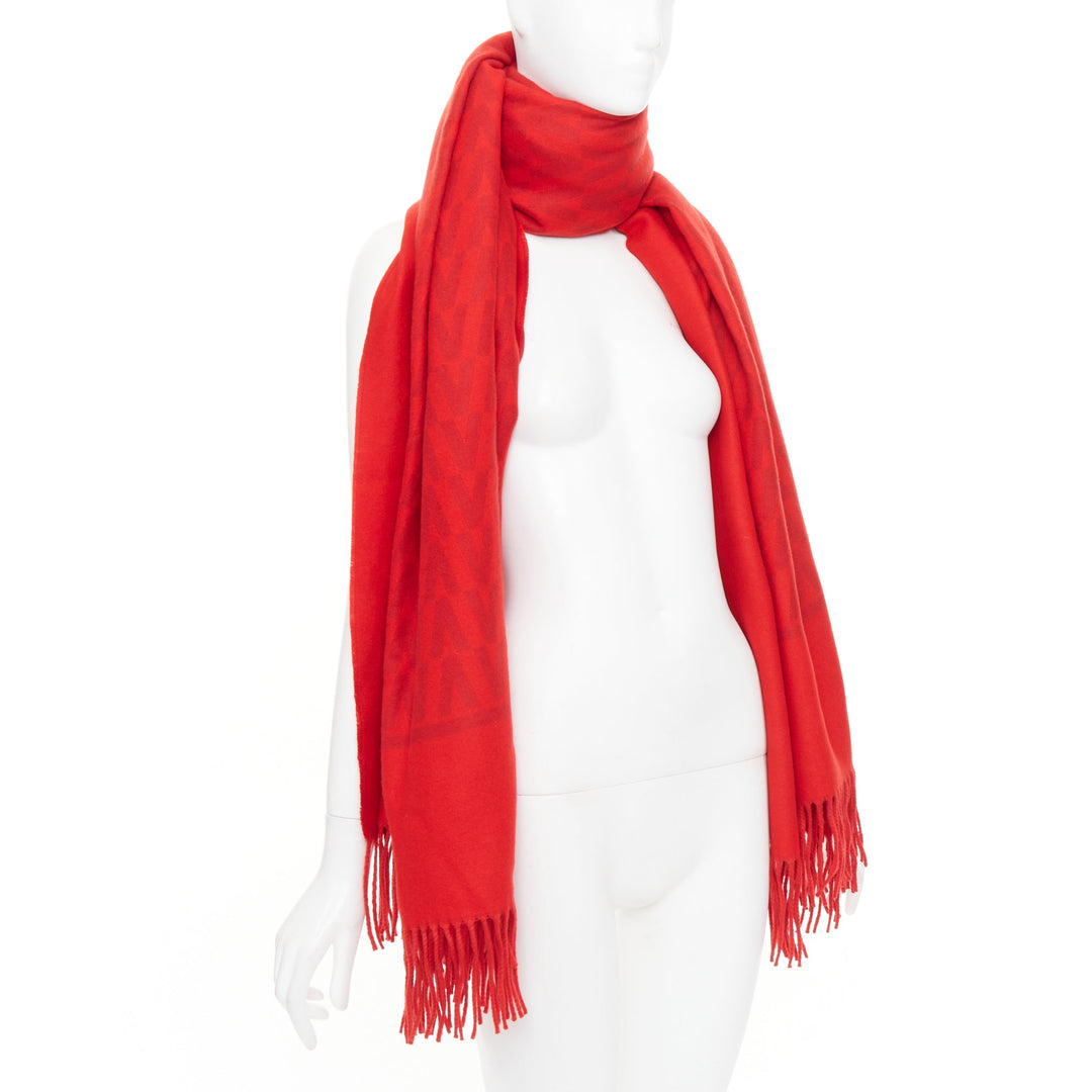 VALENTINO VLOGO 100% cashmere red jcquard fringed blanket scarf