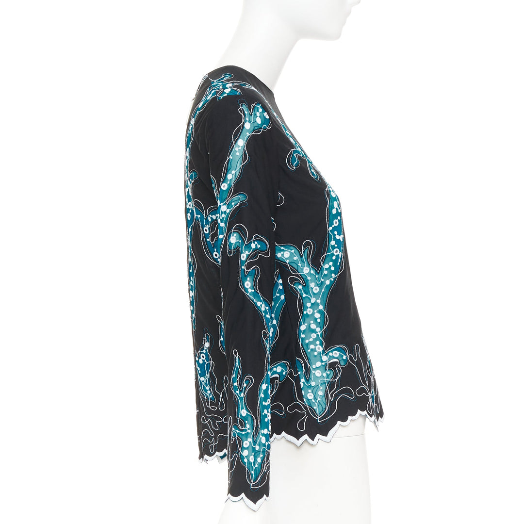 LOUIS VUITTON 2015 Runway black blue embroidered anglais scallop hem top FR38 M