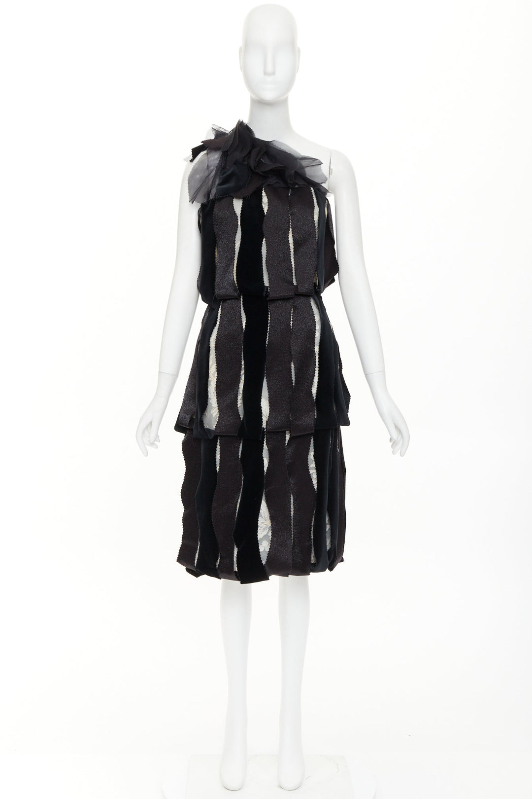 RODARTE 2007 Runway Vintage black velvet ribbon lace layered midi dress UK8 S