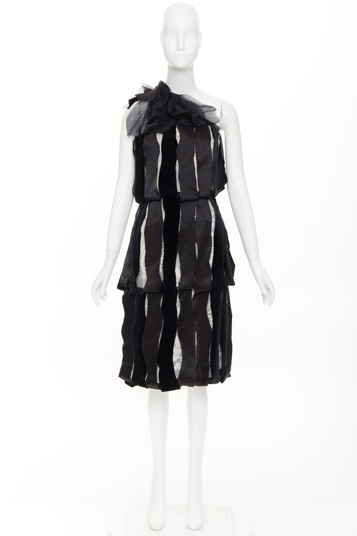RODARTE 2007 Runway Vintage black velvet ribbon lace layered midi dress UK8 S