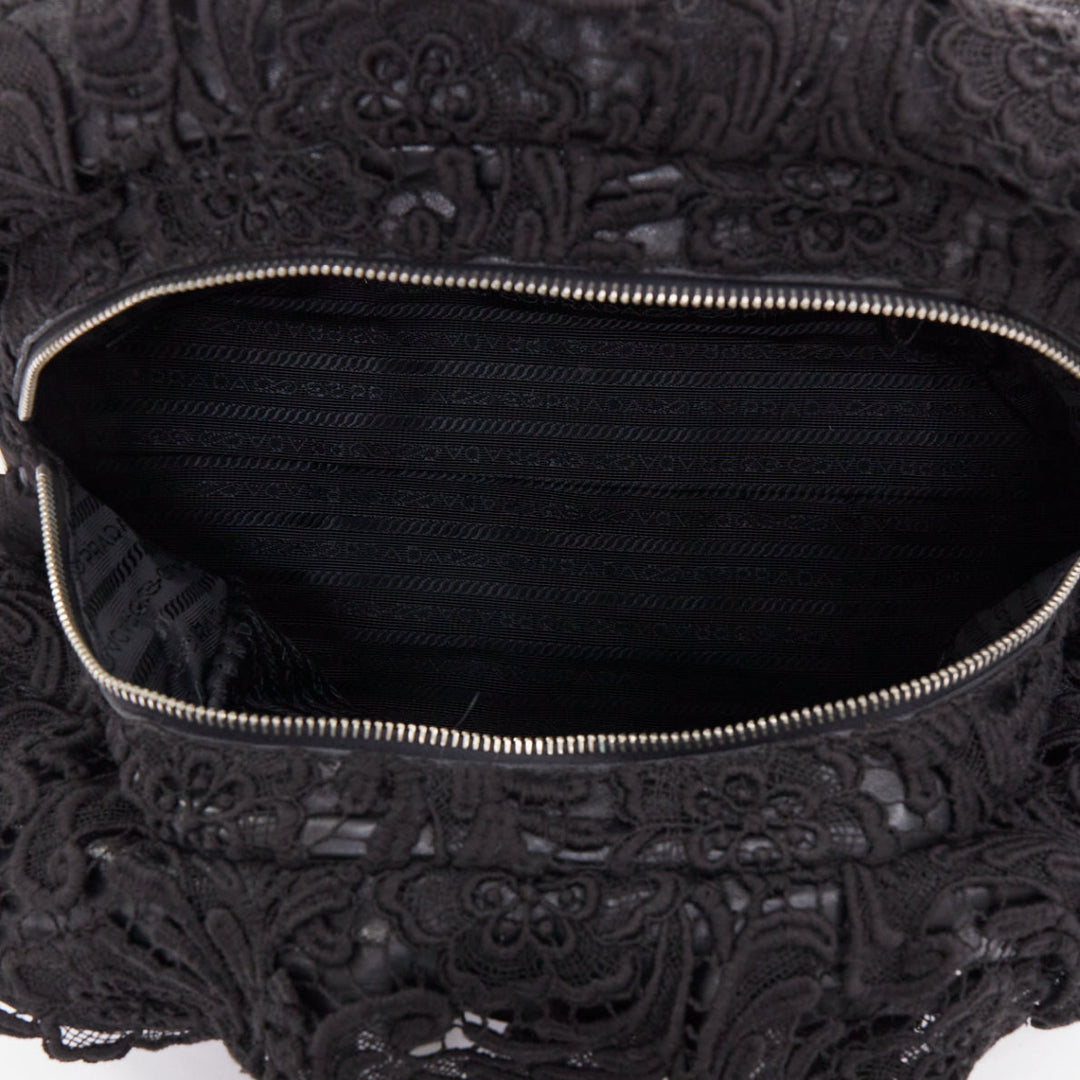 PRADA 2008 Lace Pizzo S Bowler black lace overlay leather silver zip bag