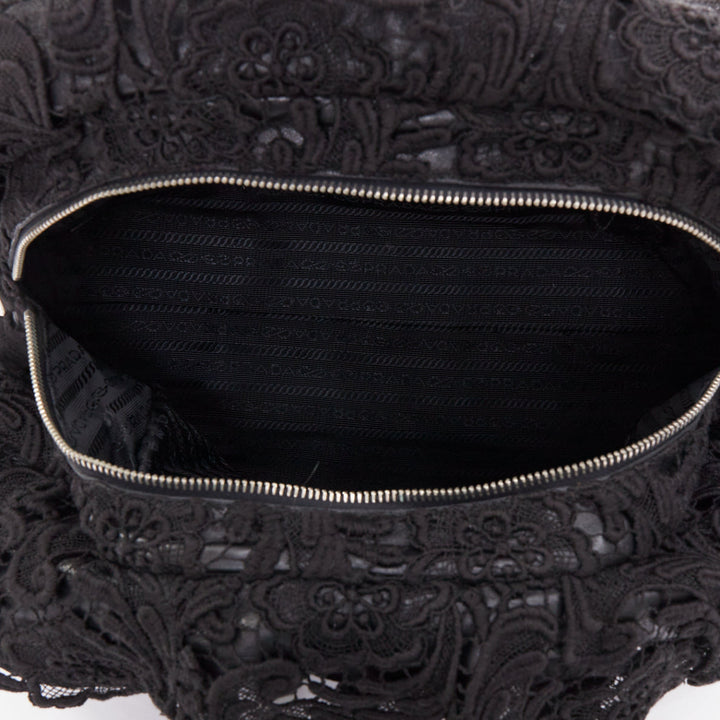 PRADA 2008 Lace Pizzo S Bowler black lace overlay leather silver zip bag