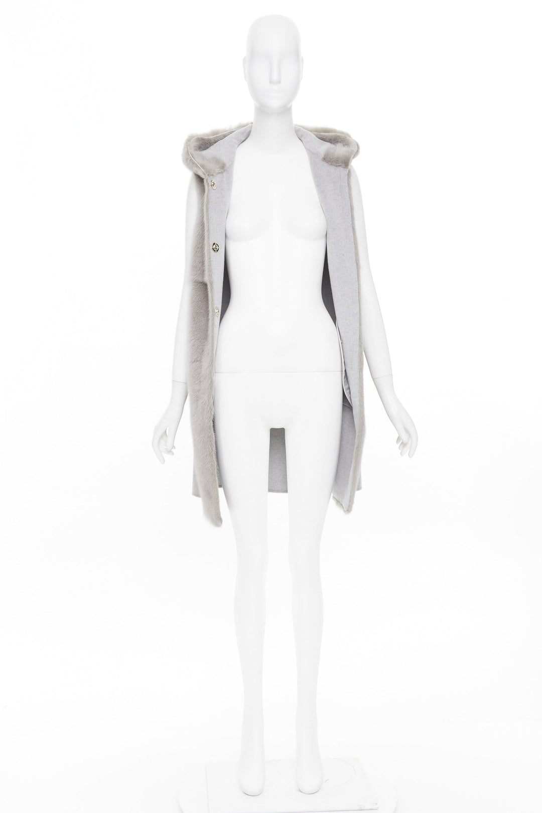 RIVER SKIN grey wool blend real fur panelled hooded long line gilet vest S