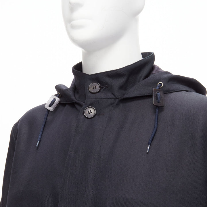 MARNI black wool leather stopper hooded concealed buttons parka jacket IT48 M
