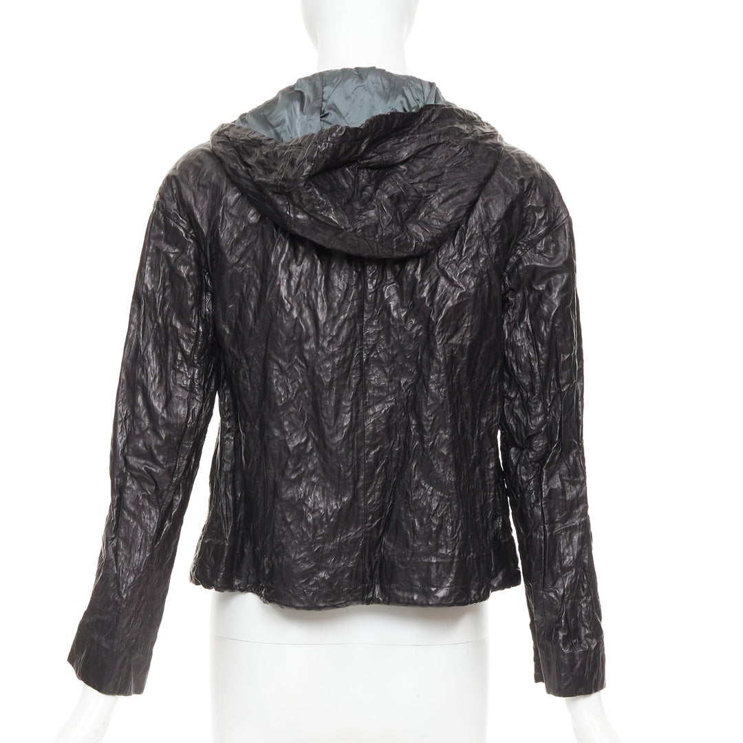 PRADA 2011 Vintage black 100% lambskin crinkled hooded jacket IT36 XXS