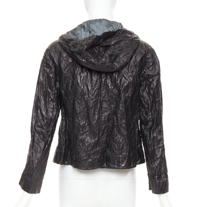 PRADA 2011 Vintage black 100% lambskin crinkled hooded jacket IT36 XXS