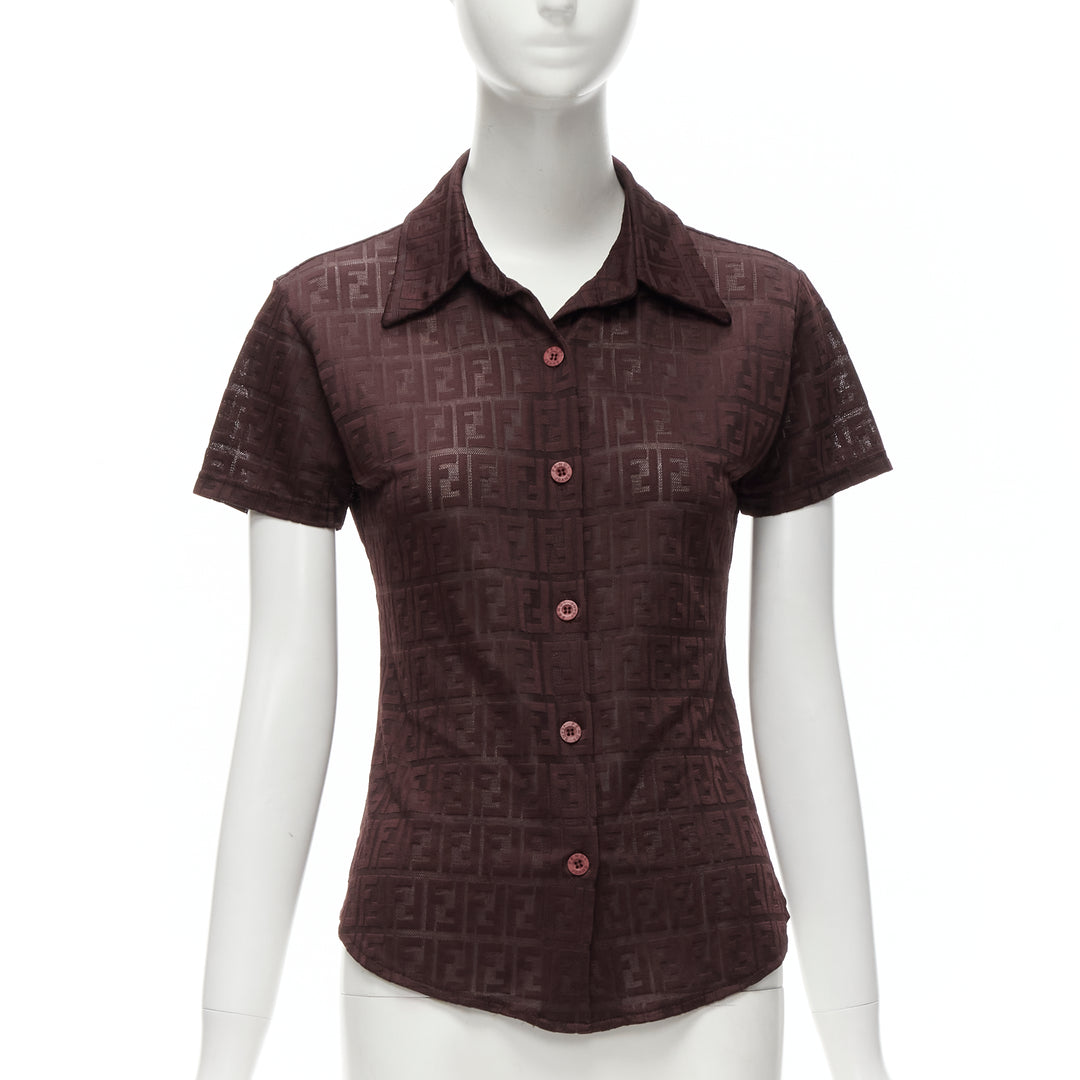 FENDI JEANS Vintage Y2K burgundy FF Zucca intarsia sheer polo shirt