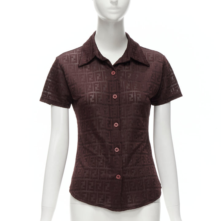 FENDI JEANS Vintage Y2K burgundy FF Zucca intarsia sheer polo shirt
